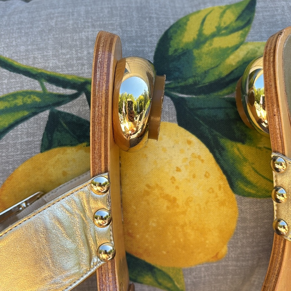 Kate Spade gold double adjustable buckles strap wooden round heel Sandals - Picture 7 of 10